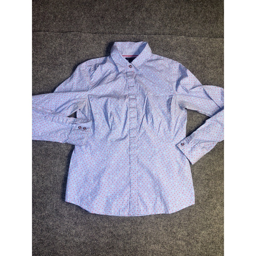 Tommy Hilfiger Shirt Women's M Blue Red Polka Dot Classic Long Sleeve Button-Up